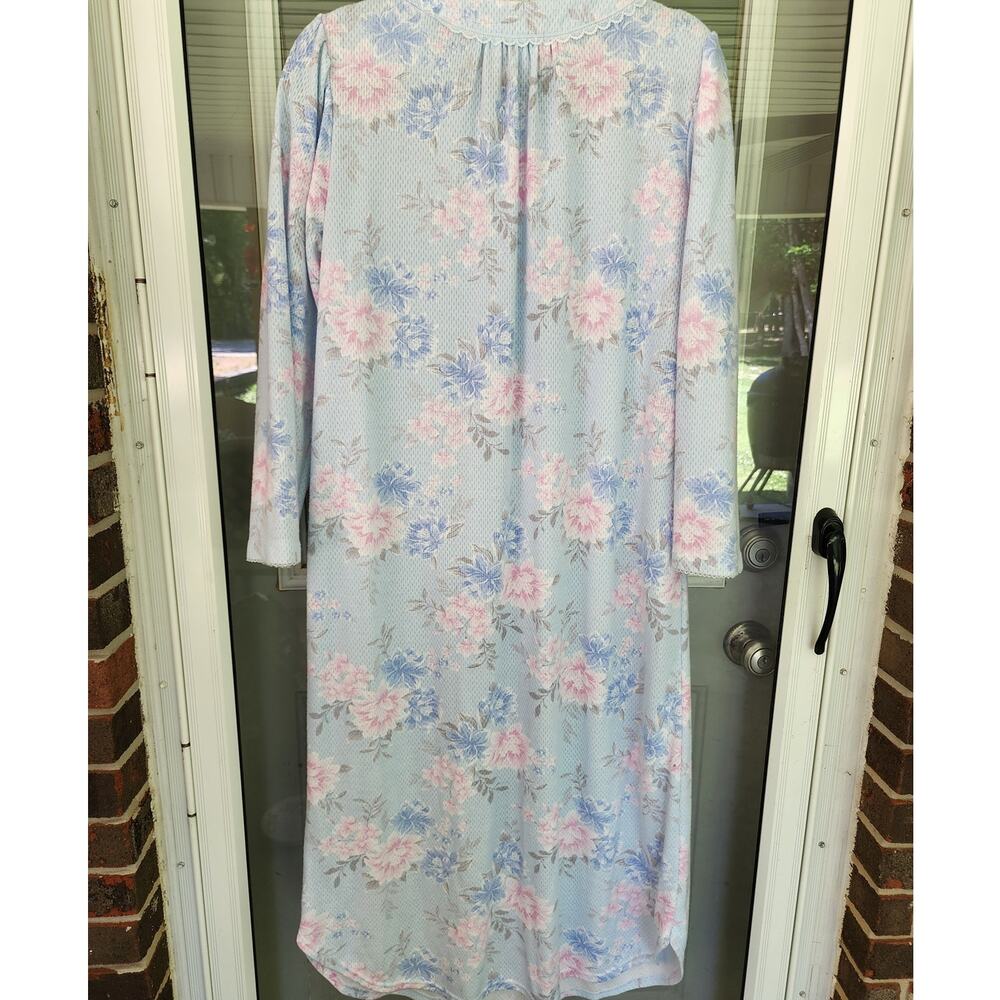 Miss Elaine Women's Small Long Sleeve Blue Floral Gown Scalloped Neck Sleeves - Picture 4 of 7